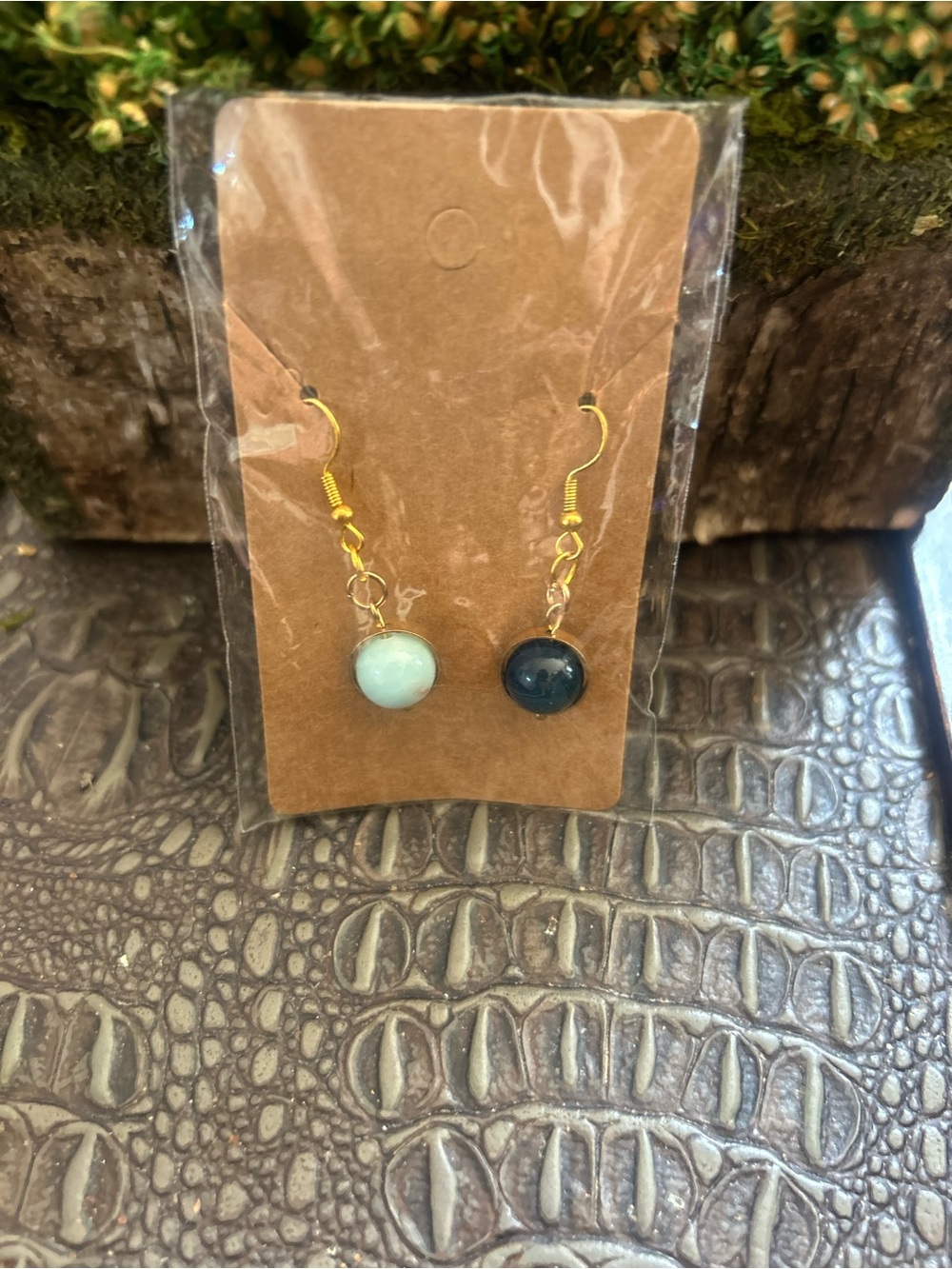 🤩 Gold-Finish Drop Earrings with Light Aqua and Deep Navy Stones